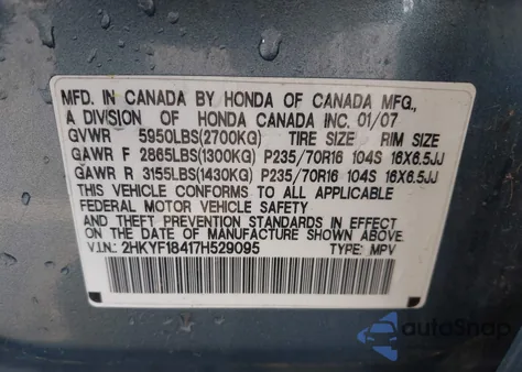 2007 Honda Pilot Ex z USA, uszkodzony, nr VIN 2HKYF18417H529095